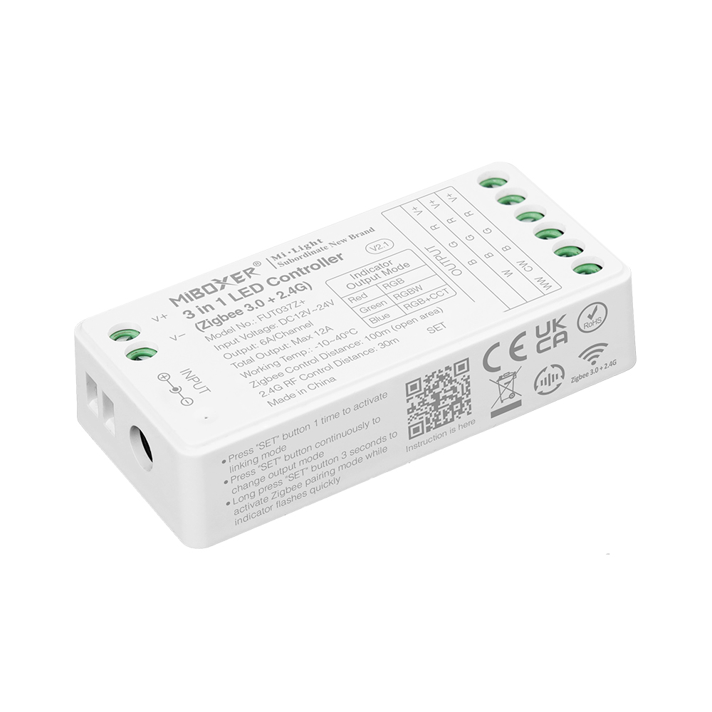 FUT037Z+ Zigbee 3.0 5in1 RF RGBWW LED Strip Lights Controller - DC12~24V Input FUT037Z+ Zigbee 3.0 5in1 RF RGBWW LED Strip Lights Controller - DC12~24V Input